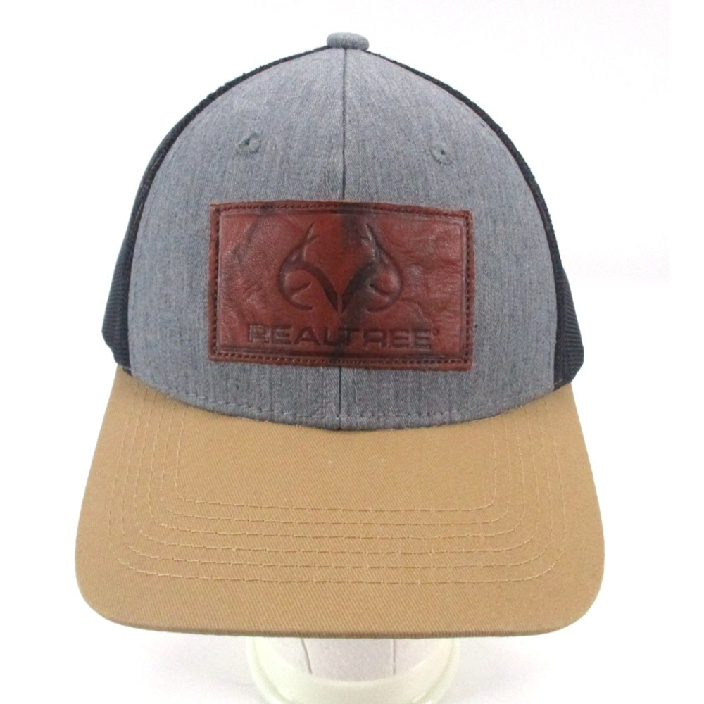 Realtree Gray Black Tan Mesh Leather Logo Patch Snapback Trucker Hunting Hat Cap